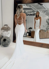 Emily | Romantic Mermaid Spaghetti Strap Backless Corset White Satin Wedding Dress Train - Price #price_variant_lowest# - White - PromDressClub